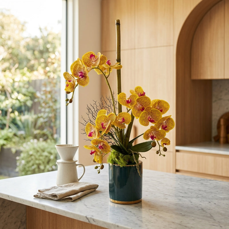 Ombré Phalaenopsis Orchid 3 Stems Green Gold Pot Artificial ...